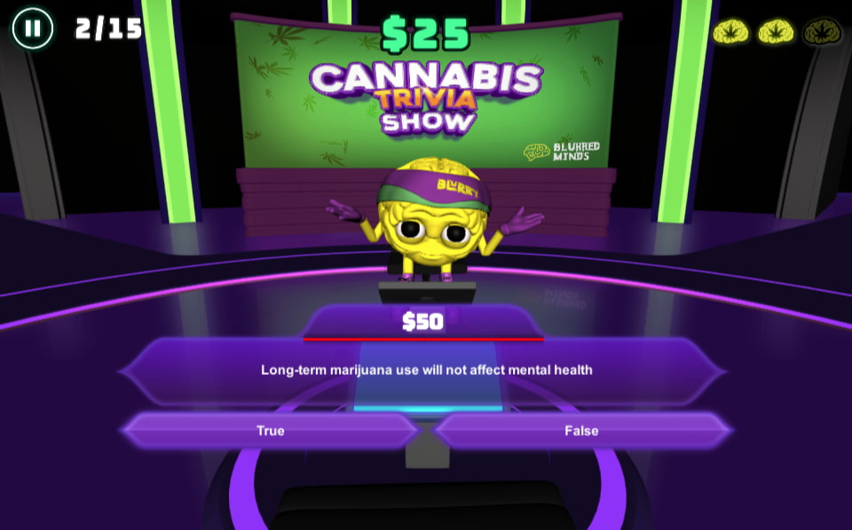 A screenshot of our Cannabis Trivia Show game