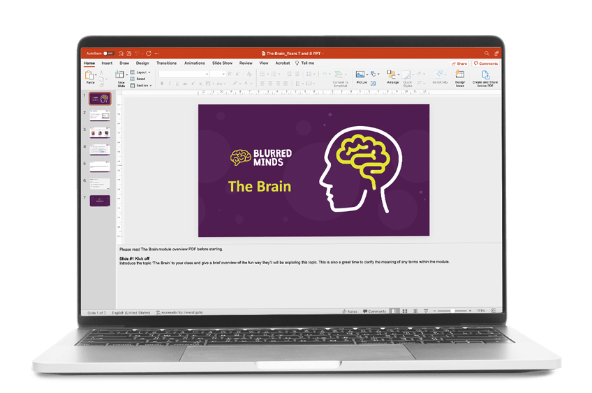 A laptop with a Blurred Minds Academy powerpoint slide open
