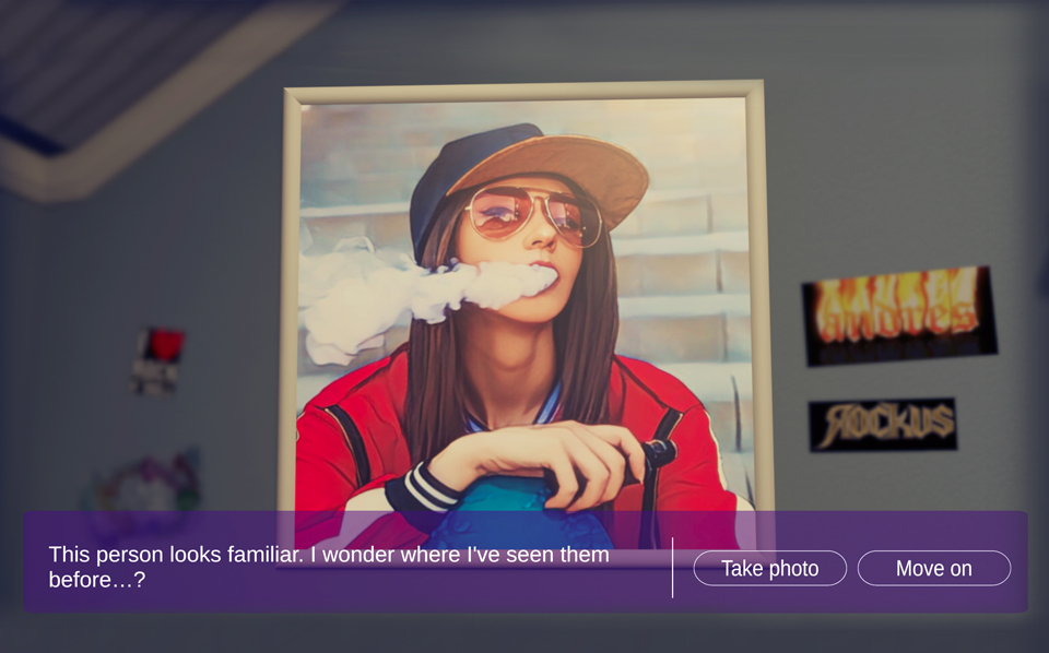 A screenshot of our vape investigator game featuring a poster on the wall of a person vaping