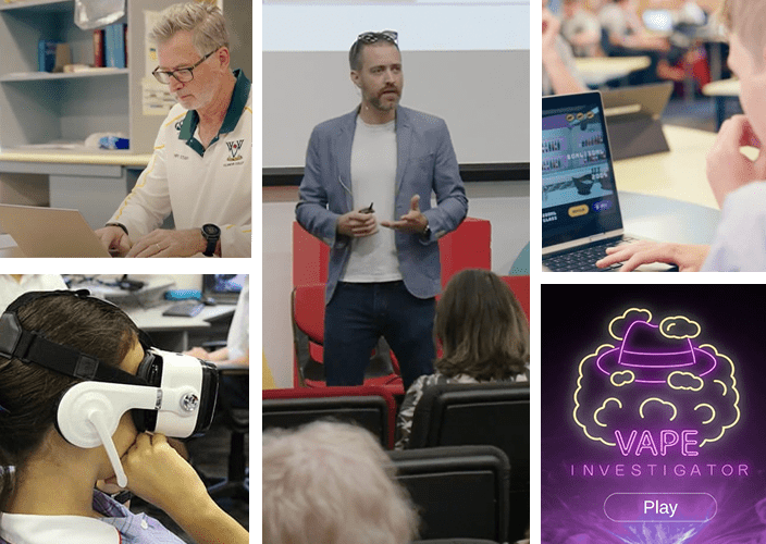 A collage of images about vaping, presenting, and educational games