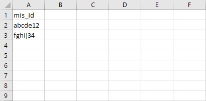 A screenshot of the .csv file in Microsoft Excel that shows only 1 column with the heading "mis_id".