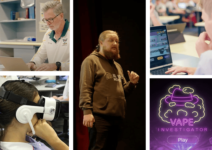 A collage of images about vaping, presenting, and educational games