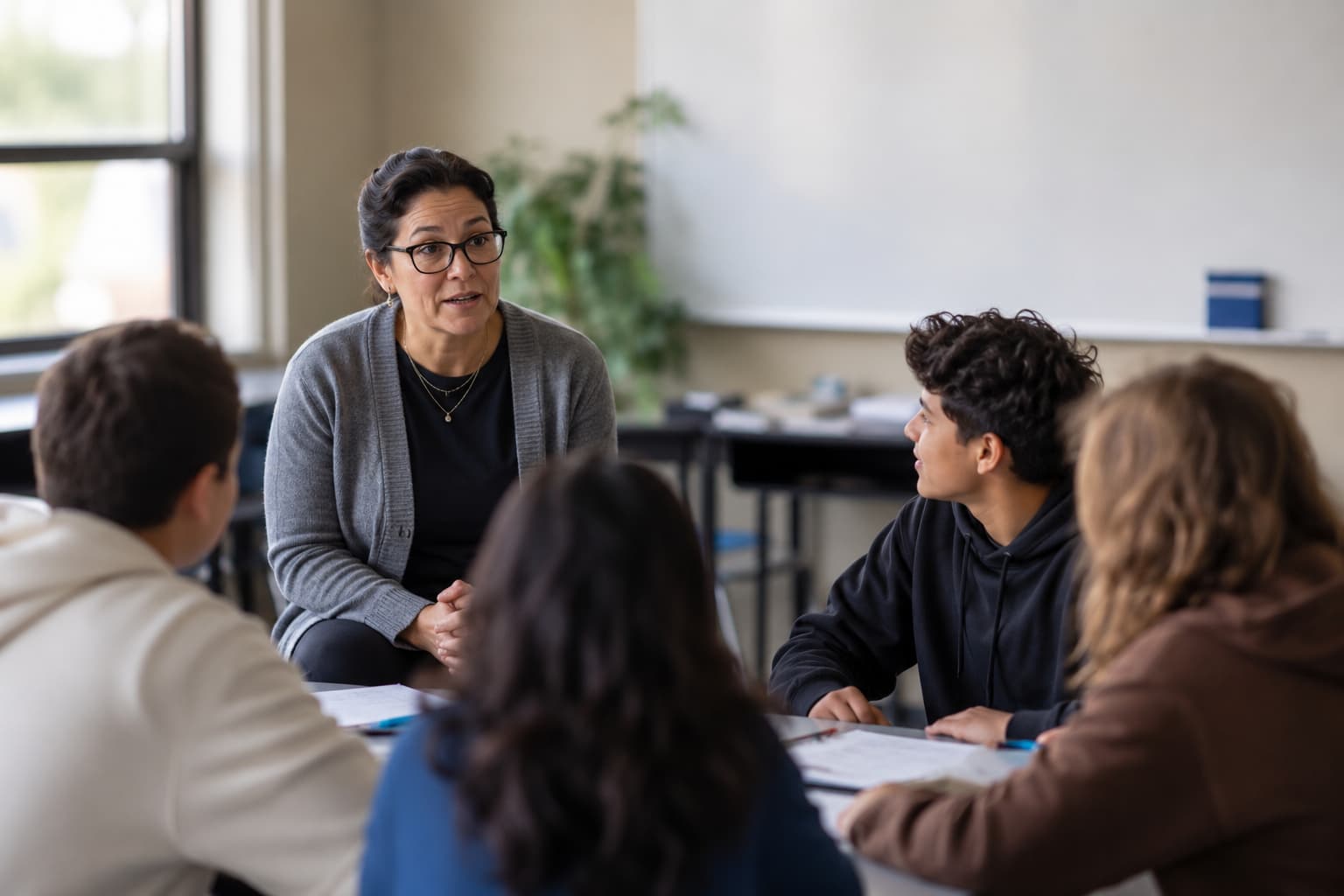 A teacher discussing with two students.